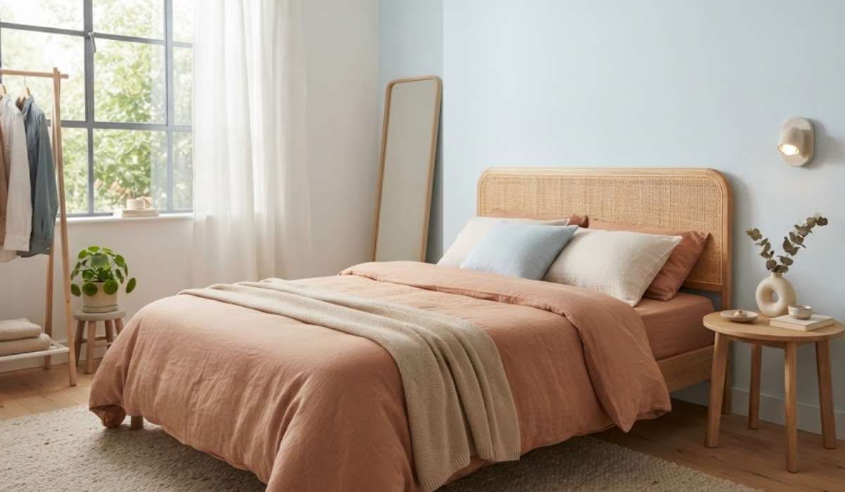 association terracotta et bleu chambre