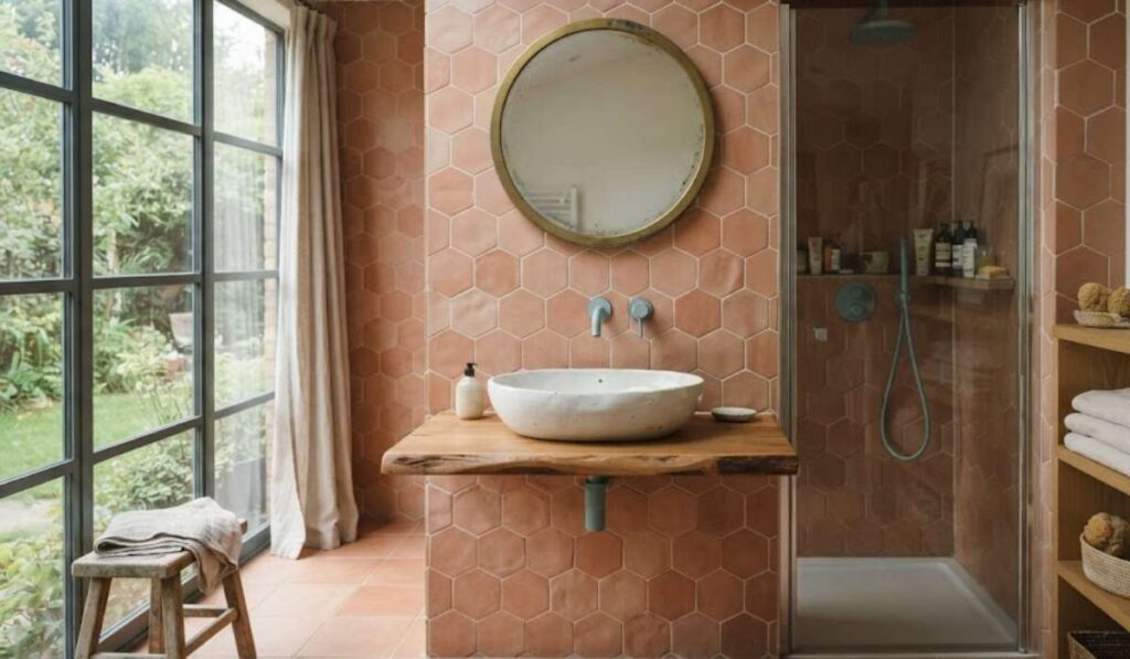 association terracotta et bleu salle de bain